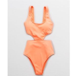 Aerie Ribbed Cut Out One Piece - Neon Orange/Peach - Medium